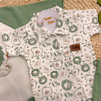 Conj. de Malha 3 peças - Leão Juba Colorida e Safari - Verde e Off White